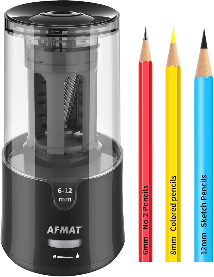 AFMAT Apontador de lápis elétrico - parada automática, super afiada e rápida, plugue para lápis de cor nº 2 de 6 a 12 mm - escritório/casa - preto