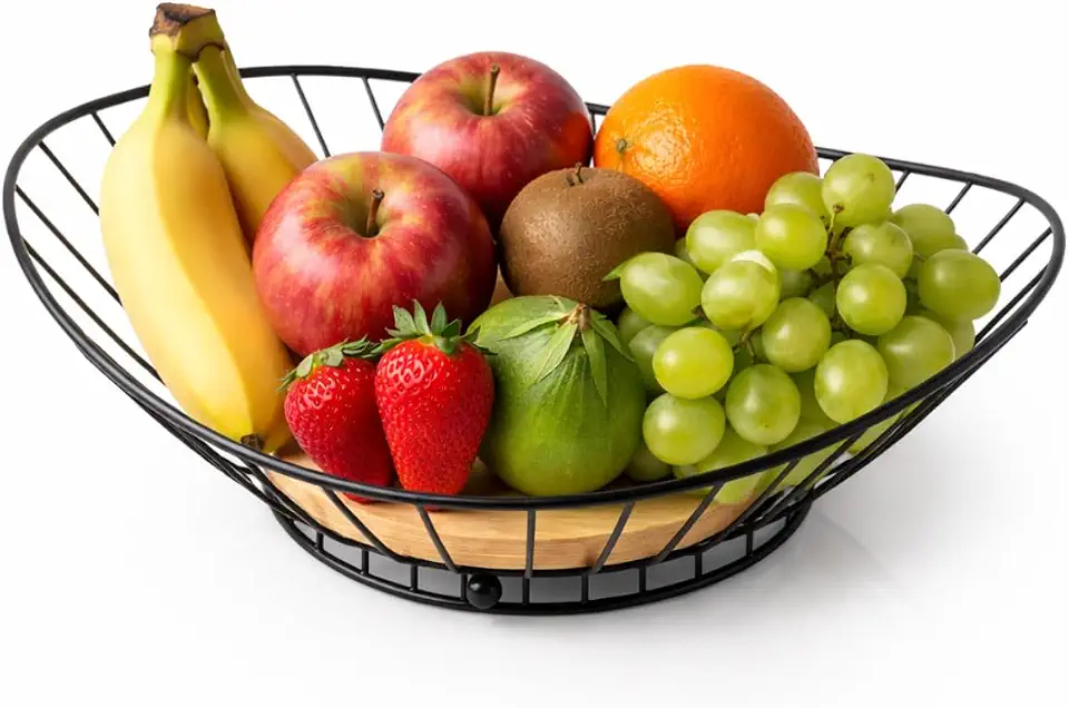 Fruteira Moderna em Metal com Base de Bambu Natural, Design Vazado, 35cm x 6cm, Preta, Organizador de Frutas para Cozinha e Sala de Jantar
