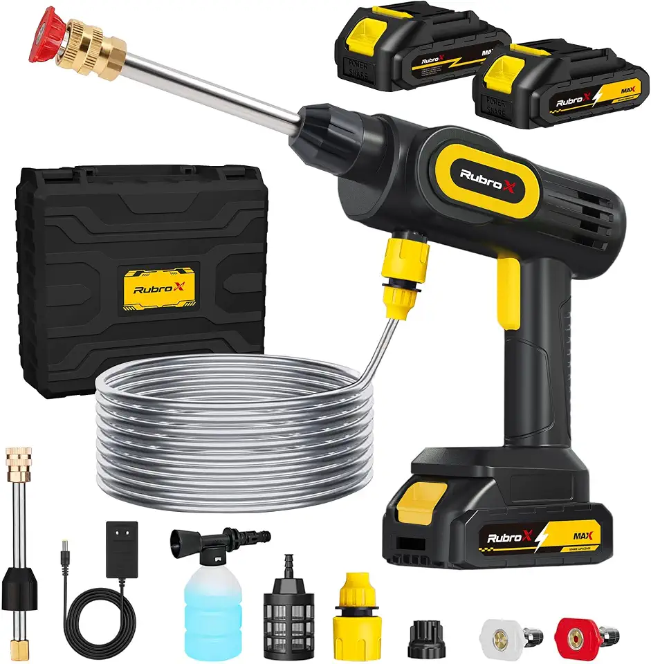 Lavadora de Alta Pressão Portátil Sem Fio RubroX 300W, Recarregável com 2 Baterias de 6000mAh, Jato Potente para Lavar Carros, Jardim e Quintal, Bico Multifuncional, Mangueira 5m e Maleta