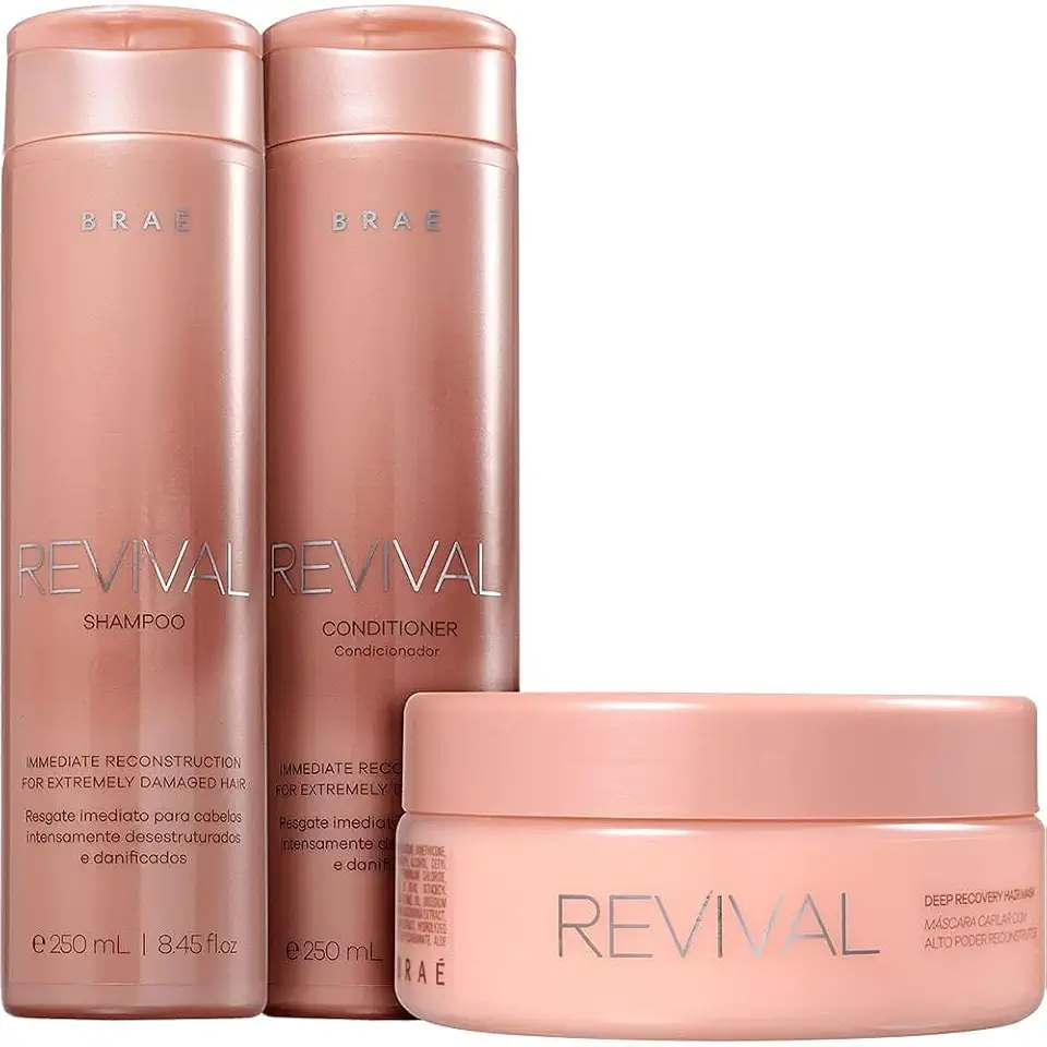 Shampoo e Condicionador Braé Revival - Kit Cabelo Tratamento Capilar para Danificados, 250ml + Máscara Reconstrução 200g - SOUREPOSE