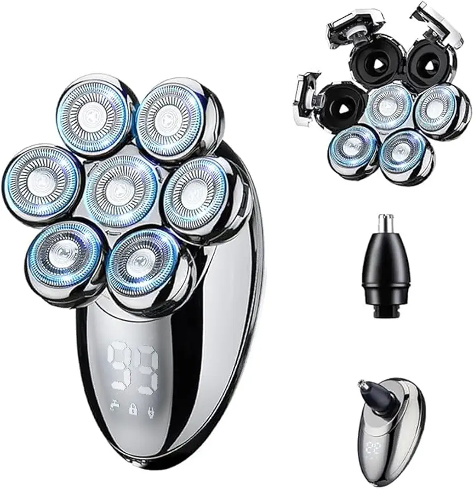 Barbeador Elétrico Masculino com 7 Lâminas Flutuantes 360°, IPX7 à Prova D'água, Máquina de Barbear USB Recarga Rápida, 50 Minutos Autonomia, Display LED + Acessórios (Cortador de Pelos Nasais)