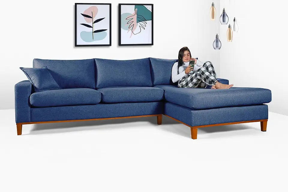 Sofá California 4 Lugares Living Chaise Linho Lado Esquerdo - Essencial Estofados (Azul)