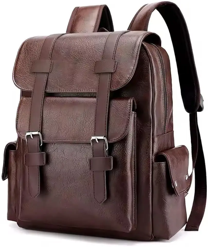 Mochila Masculina em Couro PU, 34 x 38 x 12 cm, Design Clássico com Fivelas, Preta e Marrom