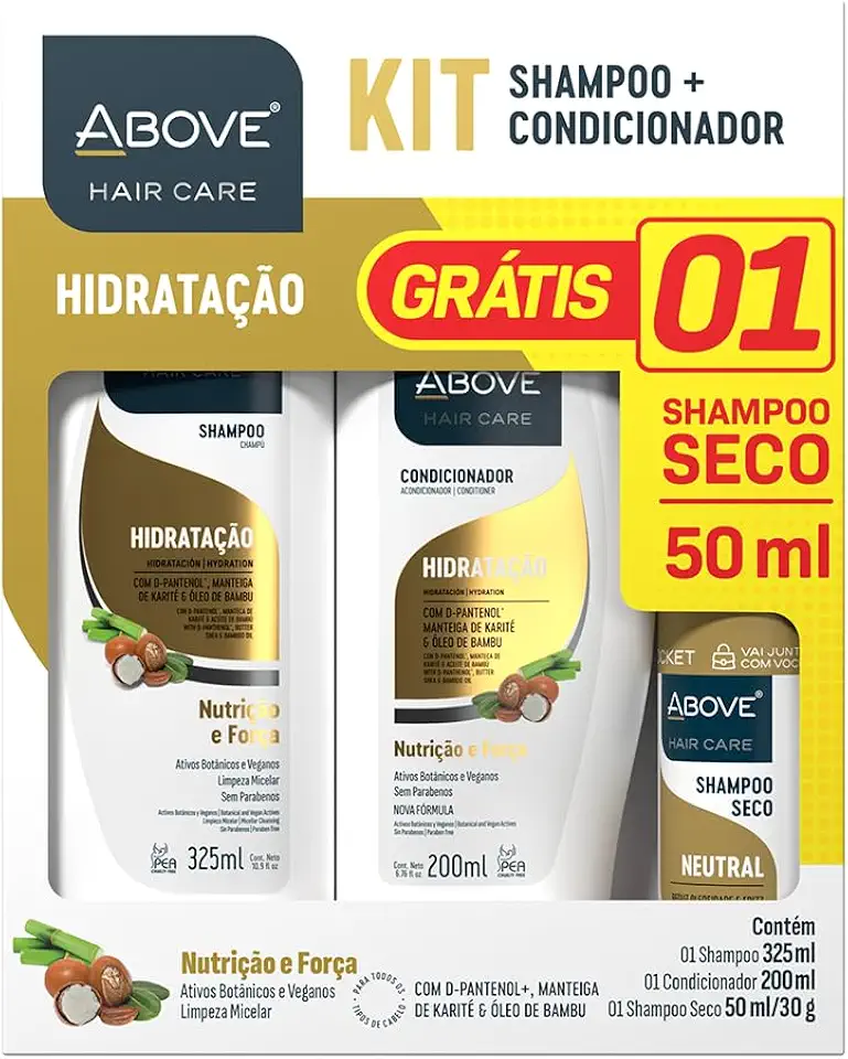 Above Kit com Shampoo HIdratação 325 ml + Condicionador Hidratação 200 ml + Shampoo a Seco 50 ml