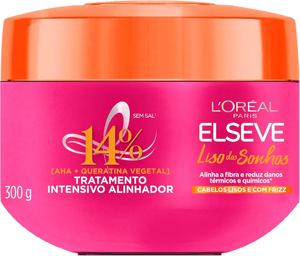 L'Oréal Paris Elseve Liso dos Sonhos Creme de Tratamento com Queratina Vegetal e AHA, Alinhamento Capilar, Controle de Frizz e Reparação de Danos Químicos e Térmicos, 300g