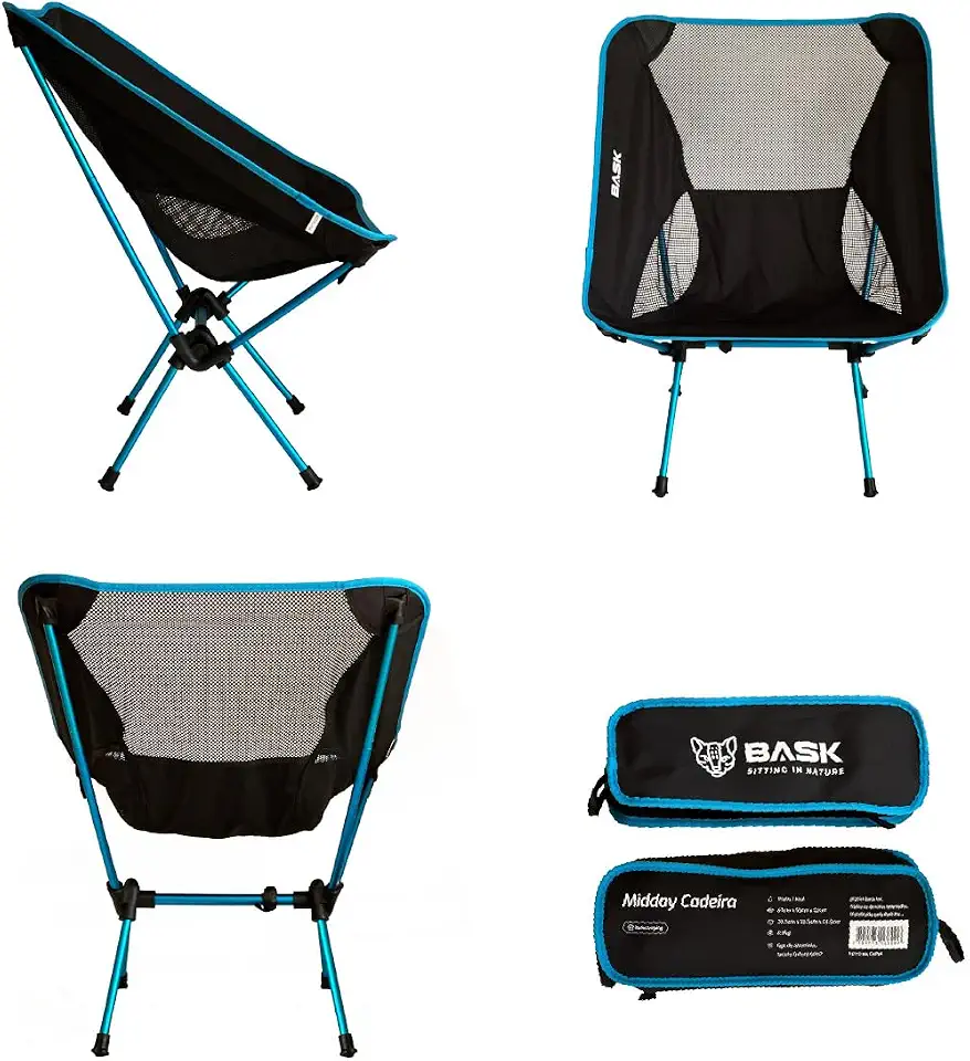 BASK Cadeira Premium Dobrável Ultralight de Alumínio – 1 kg, Compacta 37×13 cm, 150 kg de Capacidade, Portátil para Camping, Praia e Trilhas