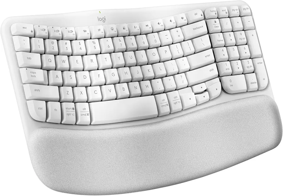 Teclado Ergonômico sem fio Logitech Wave Keys com Design Ondulado, Suporte para Descanso de Pulso Acolchoado, Bluetooth ou Receptor USB Logi Bolt, Compatível com Windows/Mac e Layout US - Branco