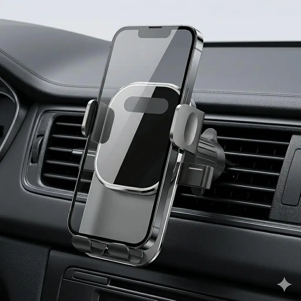 Suporte de Celular para Carro com Gancho de Metal, Braço Ajustável Largo, Fixação no Ar Condicionado, Antivibração e Silencioso – Compatível com Todos os Smartphones