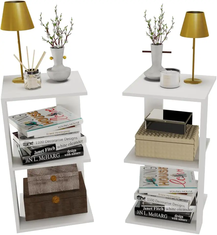 Mesa de Cabeceira Quad com 4 Níveis, Branca, Design Vertical Compacto, Armazenamento Organizador para Quarto