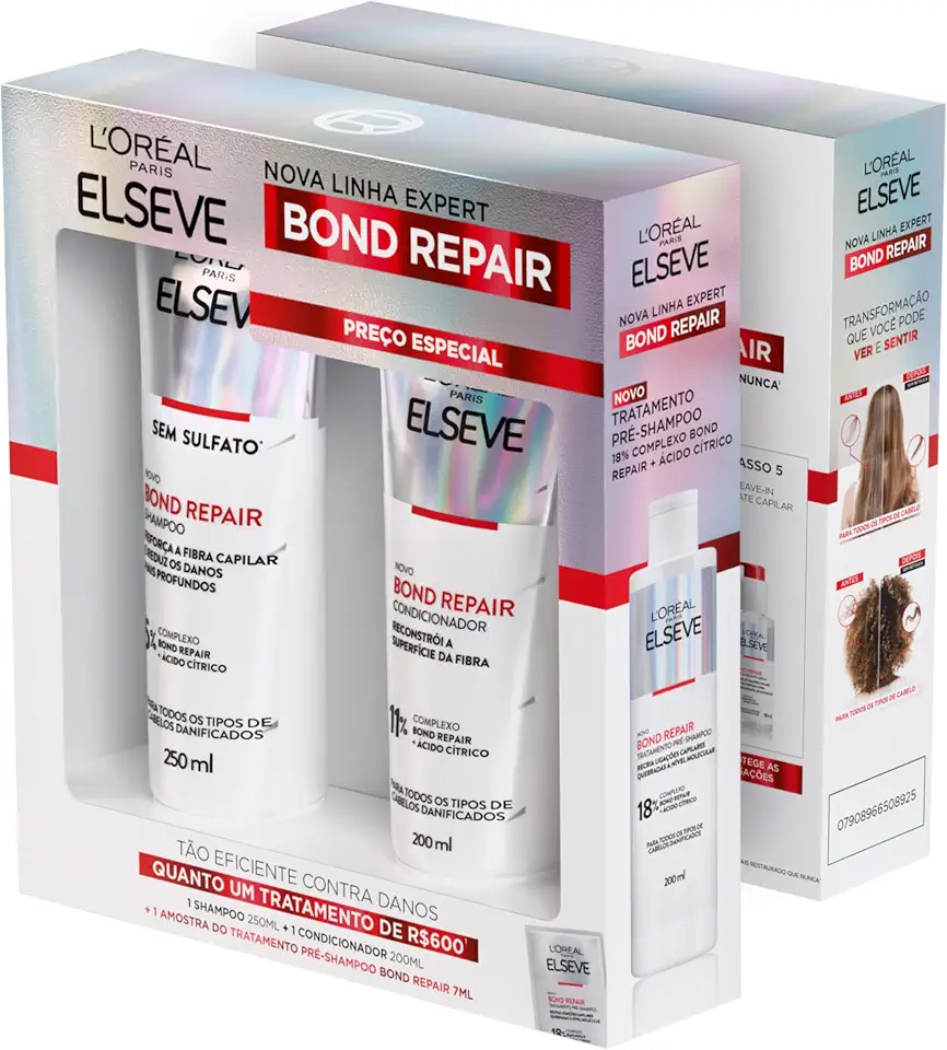 L'Oréal Paris Elseve Bond Repair Kit Reparação Molecular com Ácido Cítrico para Cabelos Danificados, Reconstrói Ligações e Devolve Força (Shampoo + Condicionador + Sachê Pré-Shampoo)