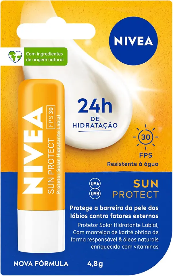 NIVEA Hidratante Labial Sun Protect FPS 30 4,8g, Hidratação Intensa 24h, Proteção Solar, Cuidado Diário, Manteiga de Karité