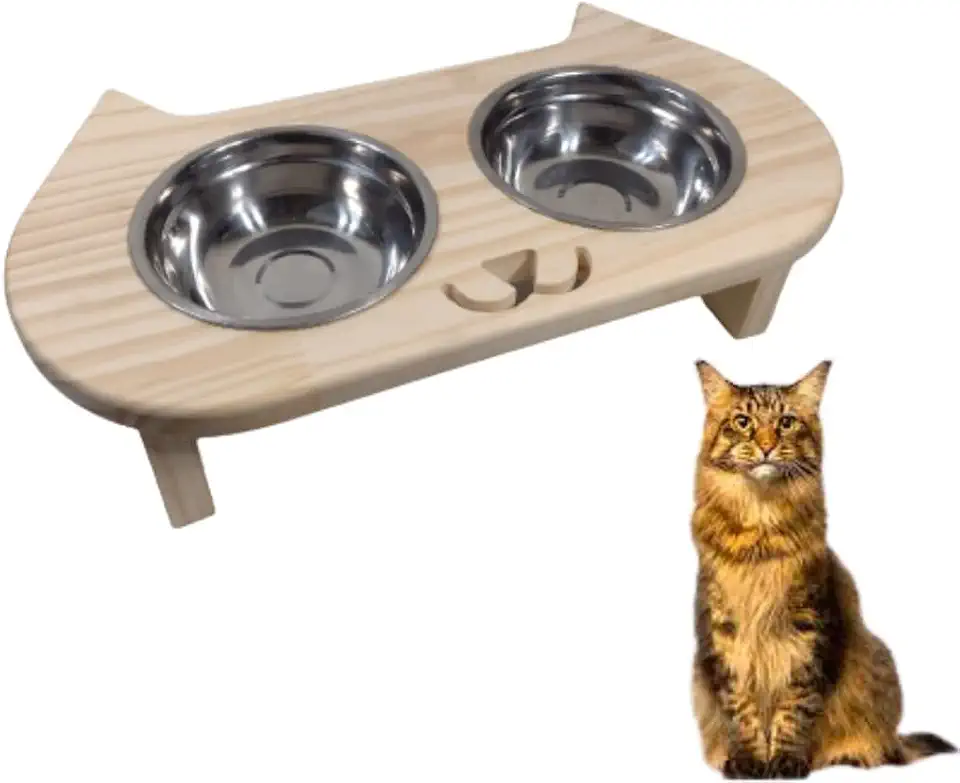 Genérico Comedouro Elevado para Gatos, 2 Tigelas em Aço Inox, Base em Madeira, Tamanho Pequeno, Alimentação e Água