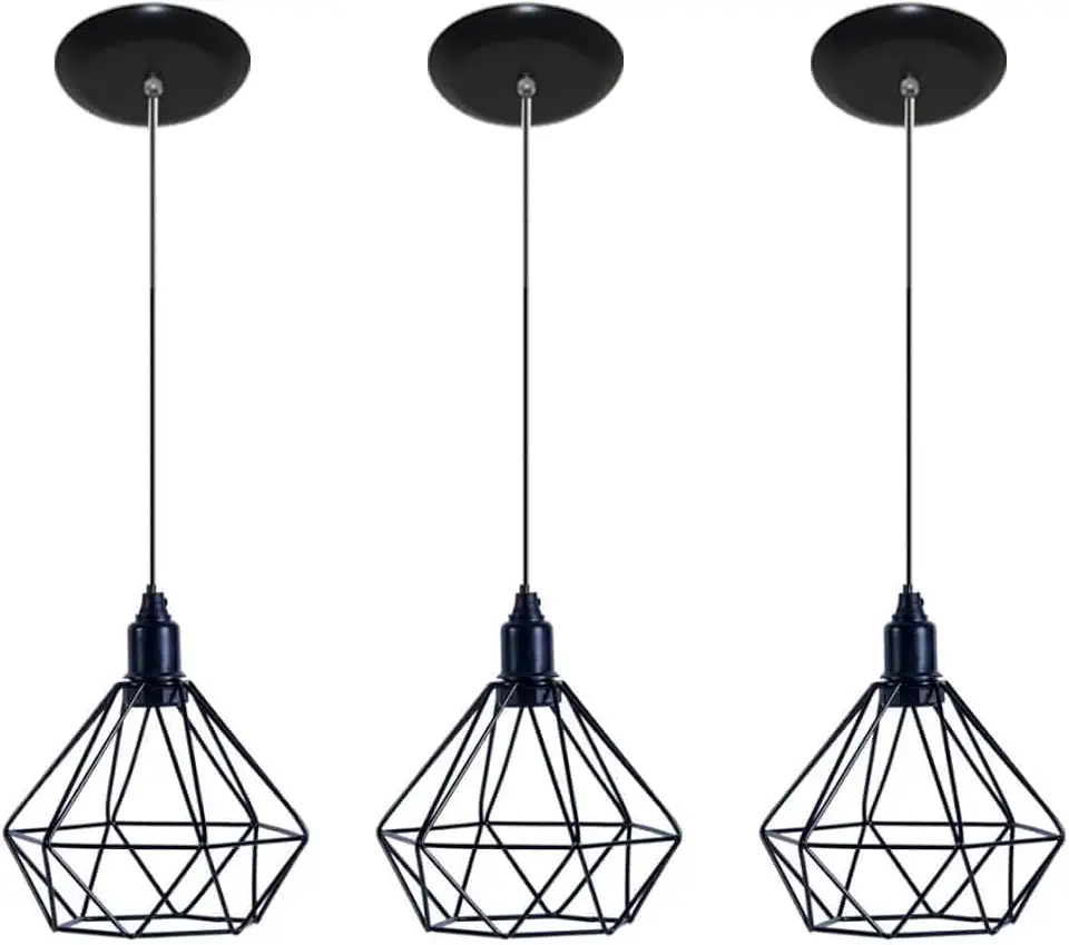 Kit 3 Pendentes Diamante Aramado Luminária Preto Cabo Regulável