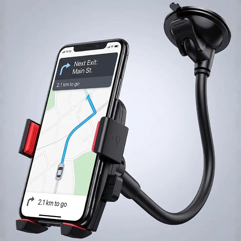 Suporte Veicular para Celular com Ventosa e Trava Automática 360° – Haste Flexível Ajustável, Fixação Forte no Para-brisa ou Painel, Compatível com Smartphones