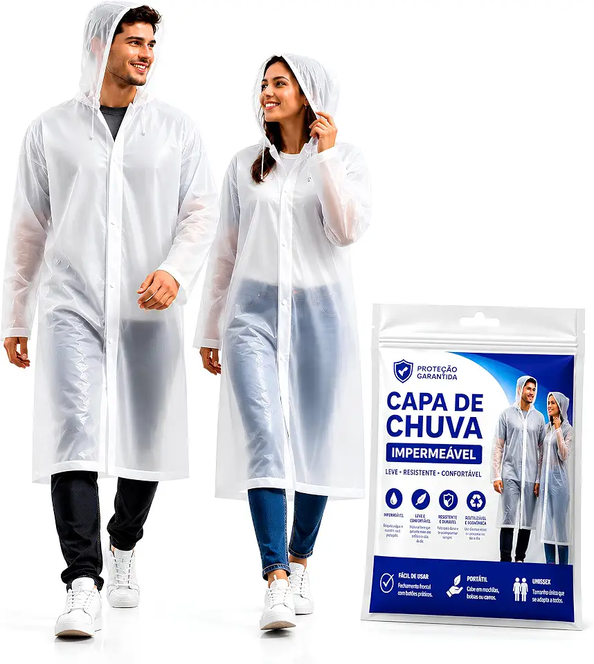 Capa de Chuva Impermeável em EVA Reutilizável Unissex com Capuz e Botões Frontais Transparente Resistente para Motoqueiro Caminhada Viagem Passeios Camping Trilhas Eventos Shows Proteção Contra Chuva.