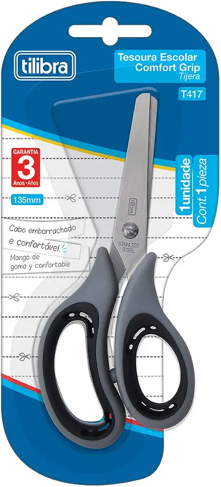 Tilibra - Tesoura Escolar 135mm, Comfort Grip, T417, Cinza