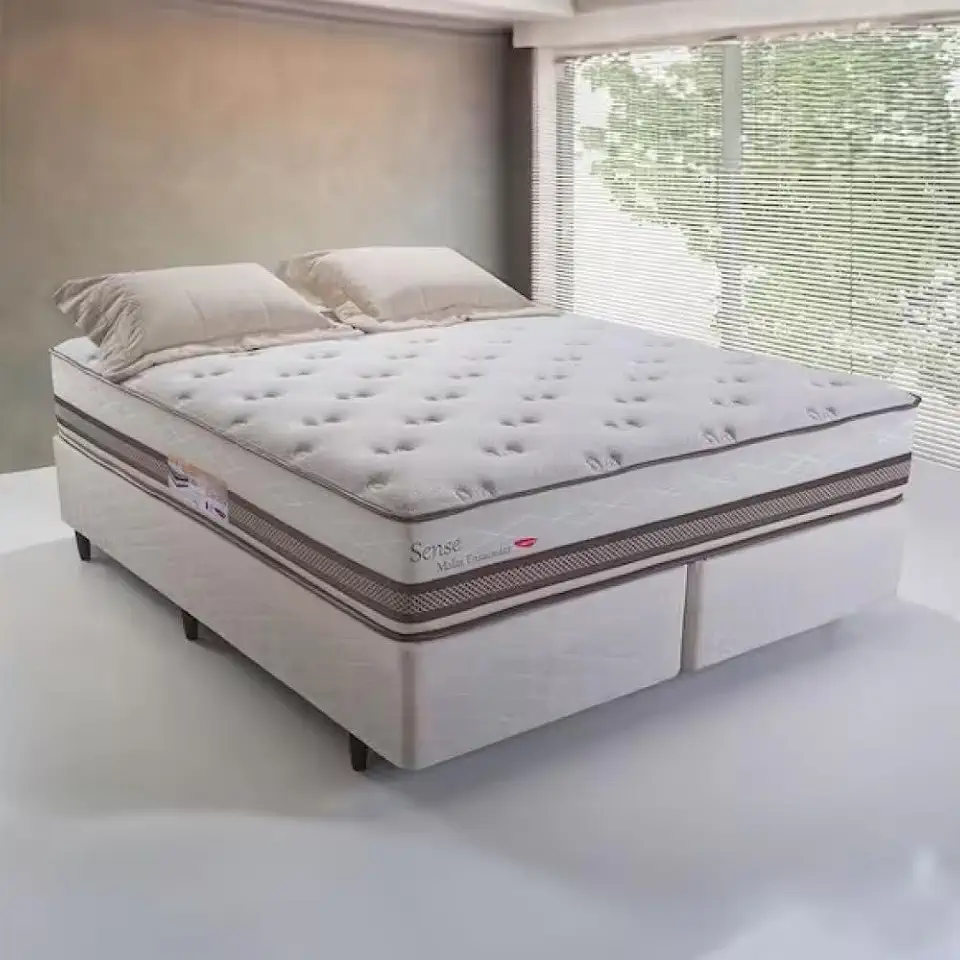 Herval Sense Cama Box Queen Size com Molas Ensacadas, Bege, 158x198x60 cm, Pillow Top, Revestimento em Tecido Malha