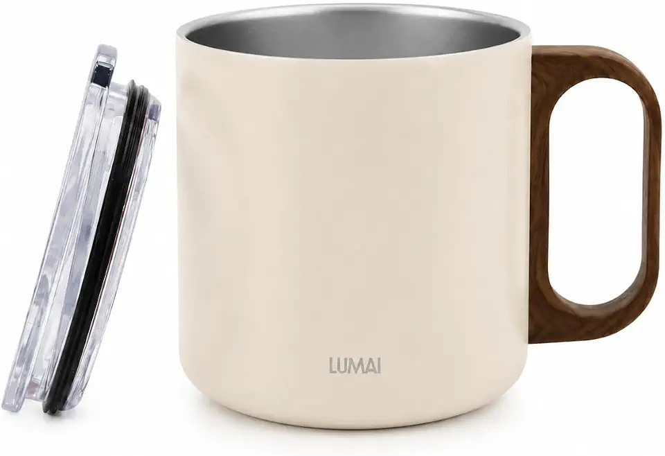 LUMAI Caneca Térmica 350ml Inox com Tampa Antivazamento Premium - Branca | Caneca de Café Caraíva, Aço Inox 304, Parede Dupla com Isolamento Térmico, Alça Estilo Madeira, Bebidas Quentes ou Frias