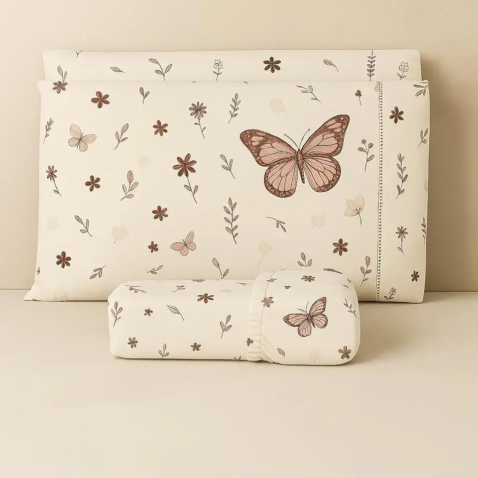Jogo de lençol algodão estampado com elástico todos tamanhos solteiro casal queen king size (QUEEN, BORBOLETA CAQUI)