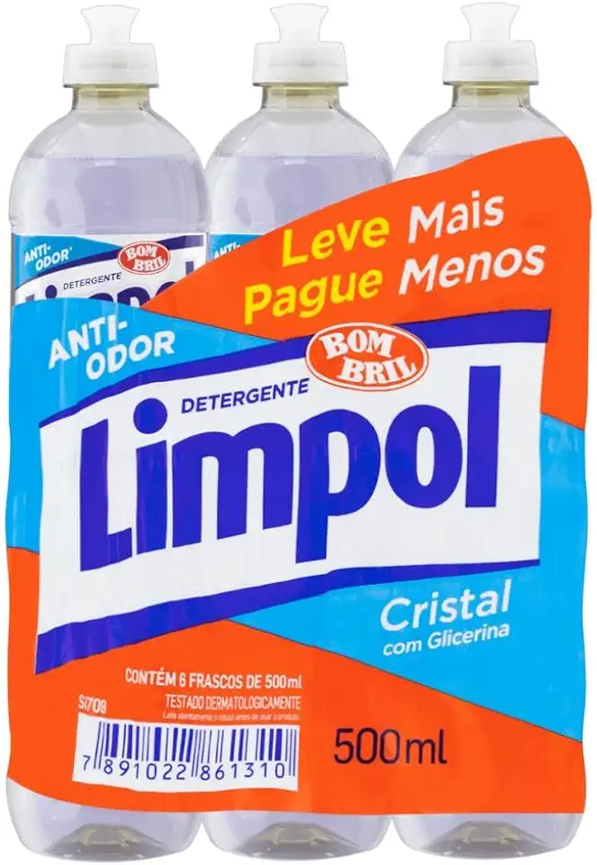 Limpol Detergente Cristal com Glicerina, Anti-Odor, 500ml, Kit com 6 Frascos
