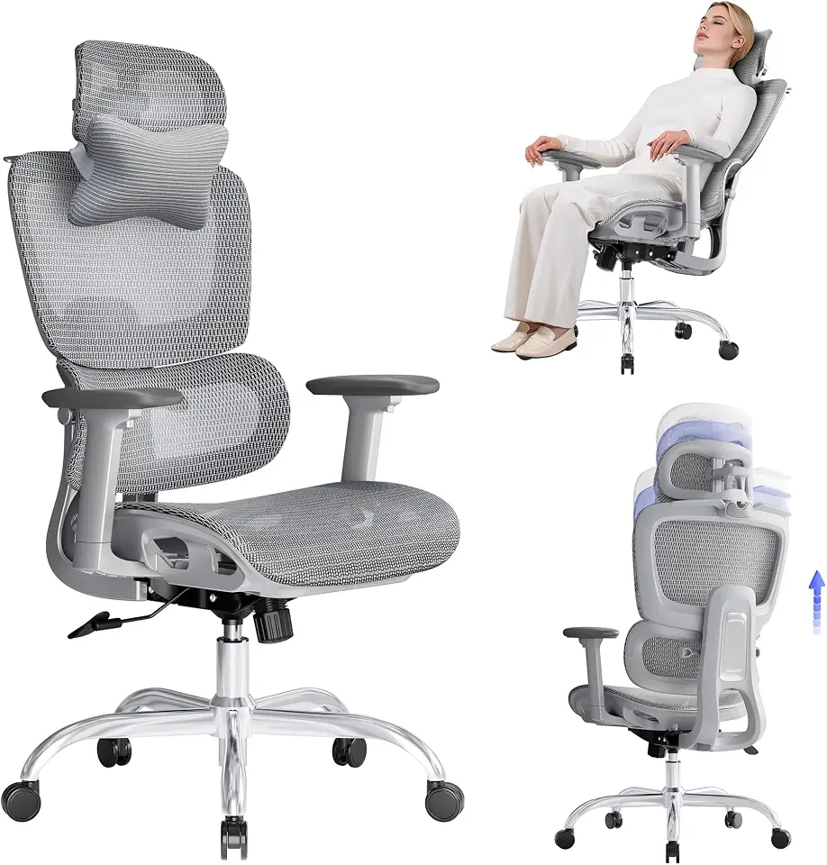 LarkLeaves Cadeira Ergonômica de Escritório em Tela Mesh para Home Office e Estudo, Suporte Lombar 2D, Encosto Ajustável 5 Níveis, Braços 3D, Inclinação 145 Graus com Cabide, Cinza