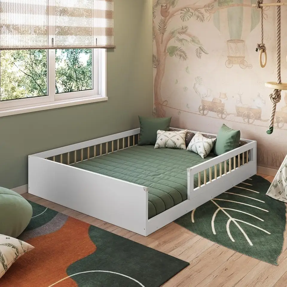 Cama Casal Infantil de Chão Montessoriana para Menino e Menina com Grade de Proteção Lateral