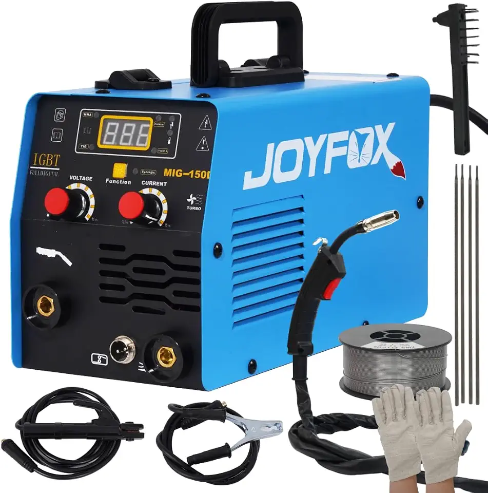 JOYFOX Máquina de Solda MIG-150D 220V, 3 em 1 (MIG/MMA/TIG), Tecnologia IGBT, Soldagem Rápida e Digital, Para Aço Carbono e Inox(Azul)