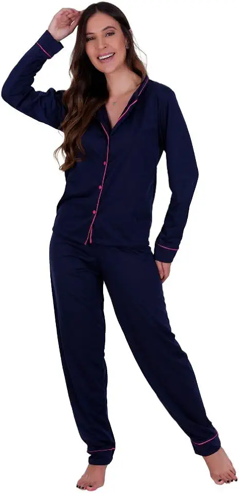 Pijama de Inverno com Gola Americano com Botões para Amamentação Manga Longa e Calça Mayara