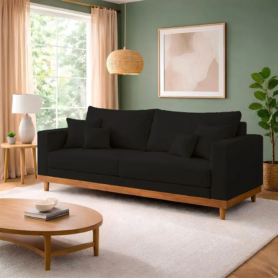 Sofá Living 3 Lugares Suede Reforçado + Almofadas Recepção Sala - Balaqui Decor Cor:preto
