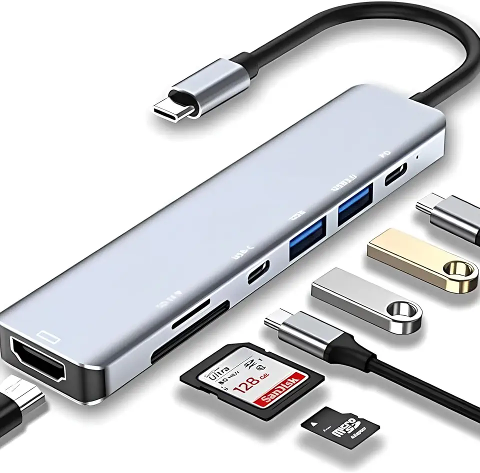 Adaptador Hub 7 em 1 USB-C Premium com Saída HDMI 4K a 60Hz, 7 Portas, USB 3.0, Leitor de Cartão SD, Fonte de Alimentação Tipo C, Carregamento Rápido Multiportas