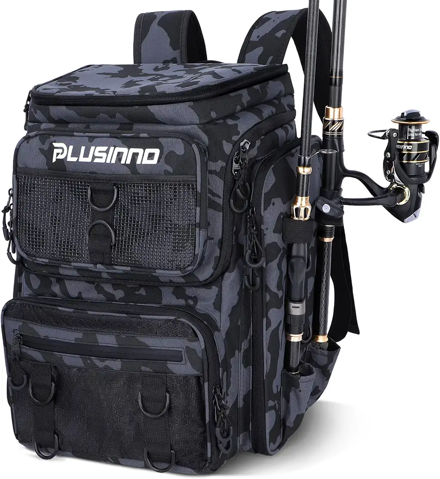 PLUSINNO Mochila de pesca com caixa de equipamentos de suporte de vara, grande 42L resistente à água, bolsa de equipamentos de pesca, loja de equipamentos de pesca