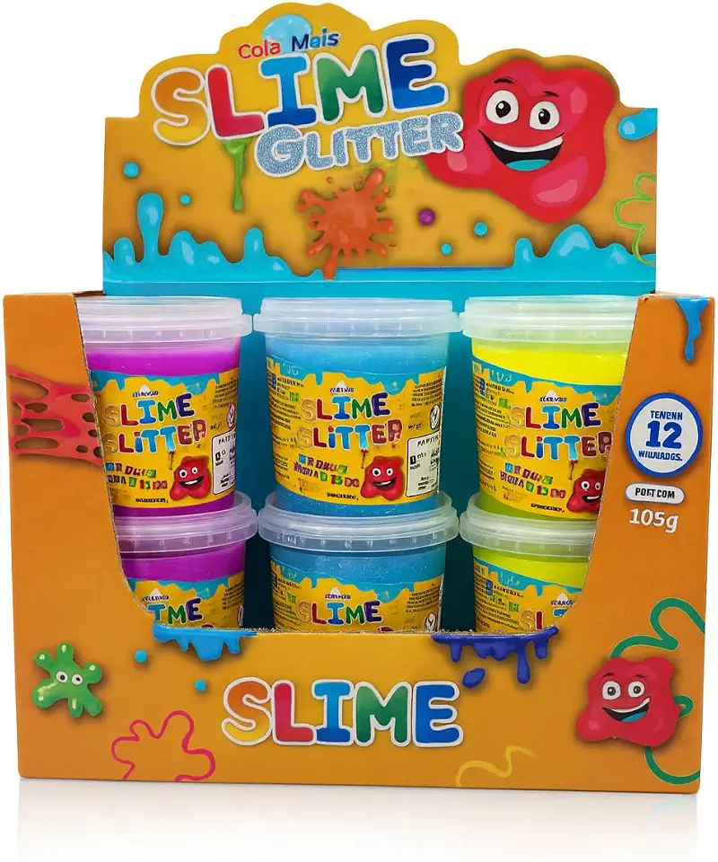 Kit 12 Potes de Slime Glitter Cola Mais 105g – Slime Colorida com Brilho, Macia e Divertida – Ideal para Crianças +3 Anos – Aperte, Estique e Brinque