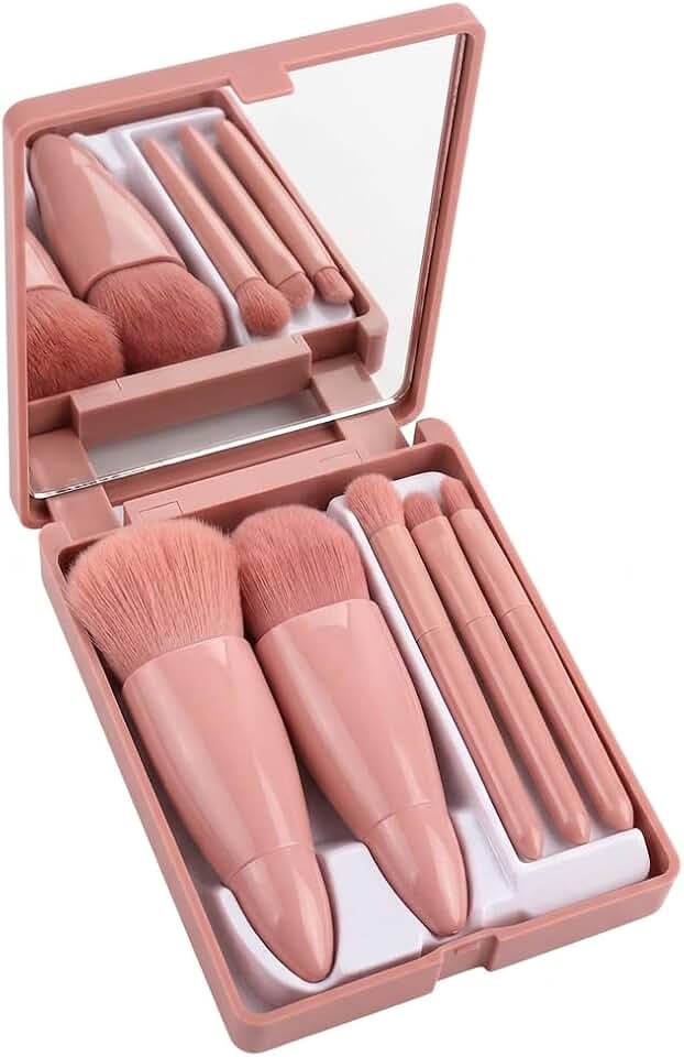 Kit Pincéis de Maquiagem com Espelho Portátil – Estojo de Maquiagem 5 Pincéis Profissionais – Kit de Maquiagem Compacto para Bolsa – Estilo TikTok Blogueiras