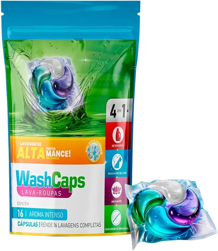 Sabão Líquido Concentrado Kit Lava Roupas Em Cápsulas WashCaps 4 Em 1 Super Kit Com Ação Tira Manchas Limpeza Profunda Amaciante Integrado Perfume Duradouro E Proteção Das Cores 16 Lavagens