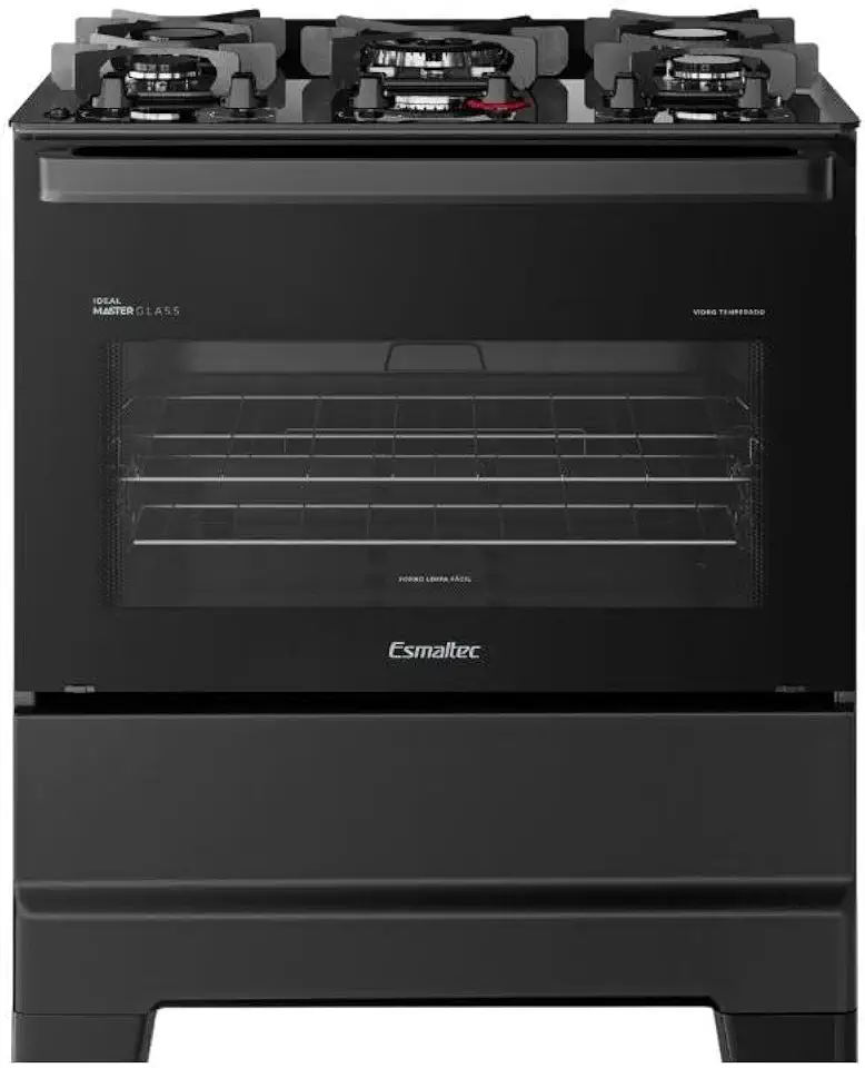 Fogão Esmaltec 5 Bocas Ideal Master Glass Mesa de Vidro Forno 84 Litros Preto T5VFP Bivolt
