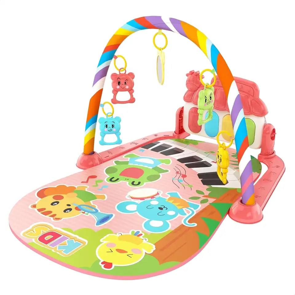 Tapete Infantil de Atividades Sensorial para Bebê Interativo com 5 Móbiles e Piano Musical com Som e Luzes (Rosa)