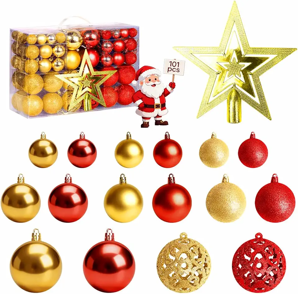 Trailabo Kit de 101 Bolas Enfeites de Natal, com Designs Brilhantes/Mate/Foscos/Trabalhados em Tamanhos, 3/4/6 cm, Enfeite de Árvore de Natal em Forma de Estrela - Vermelho e Dourado (101)