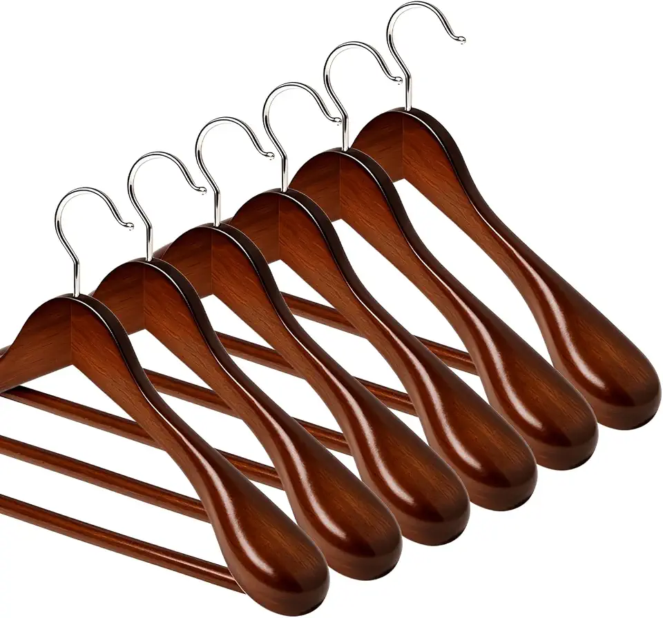 Cabides de madeira premium para homens e mulheres, pacote com 6 cabides de madeira de ombro largo com barra antiderrapante para ternos, casacos, jaquetas, vestidos, cabides largos resistentes