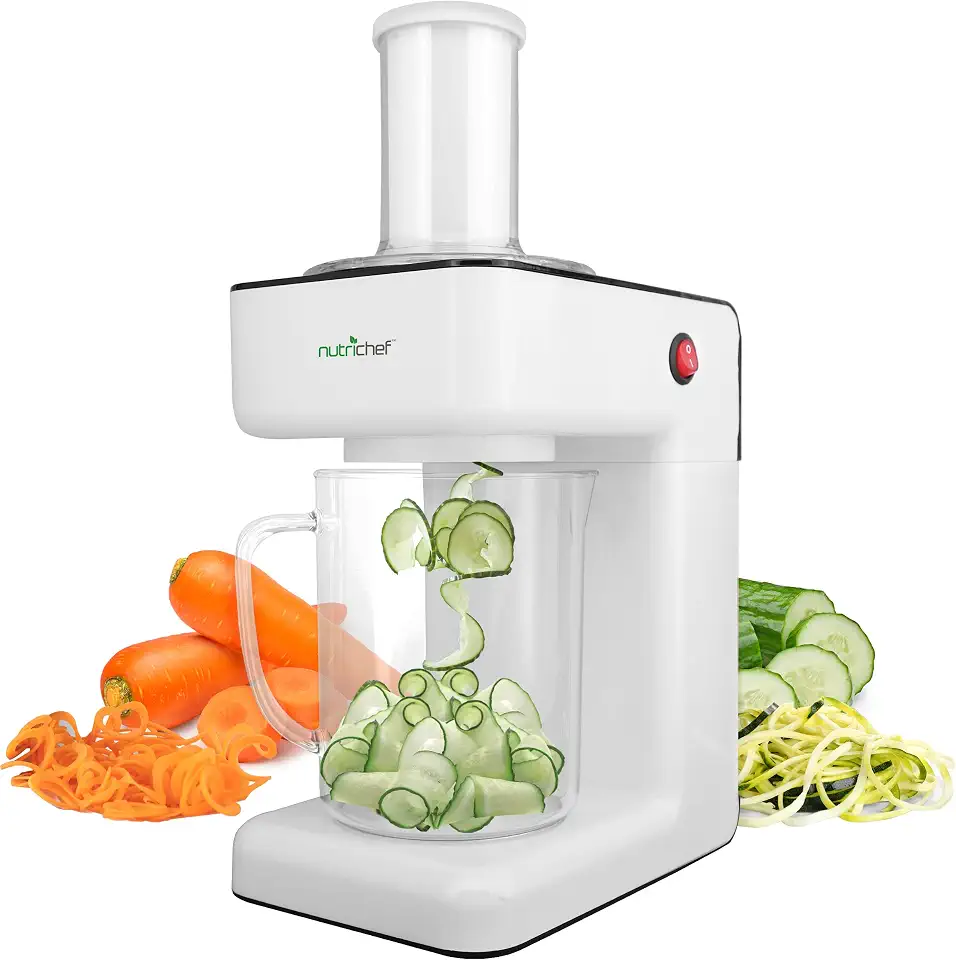 Cortador elétrico de alimentos – Processador de vegetais 3 em 1, cortador de frutas, triturador em espiral, macarrão espaguete vegetariano, máquina de zoodle com 3 lâminas de corte, tigela de 1,2 L -