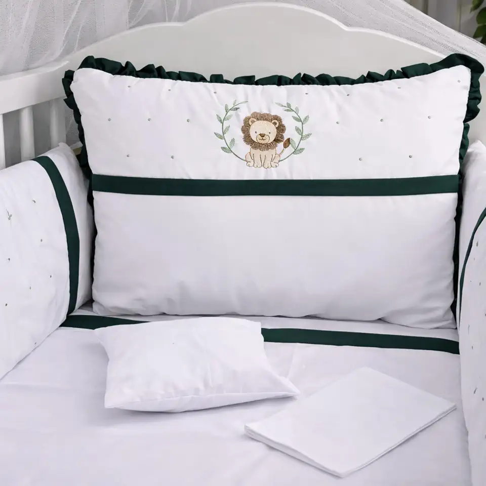 Conjunto de Enxoval para Berço 10 Peças Leão Verde Bordado 100% Algodão com Mosquiteiro