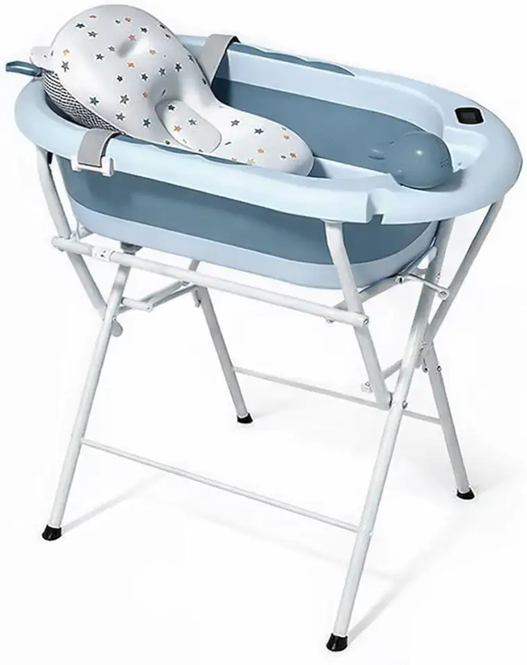 Banheira Azul Com Suporte para bebe com termômetro digital + almofada + chuveirinho de mão