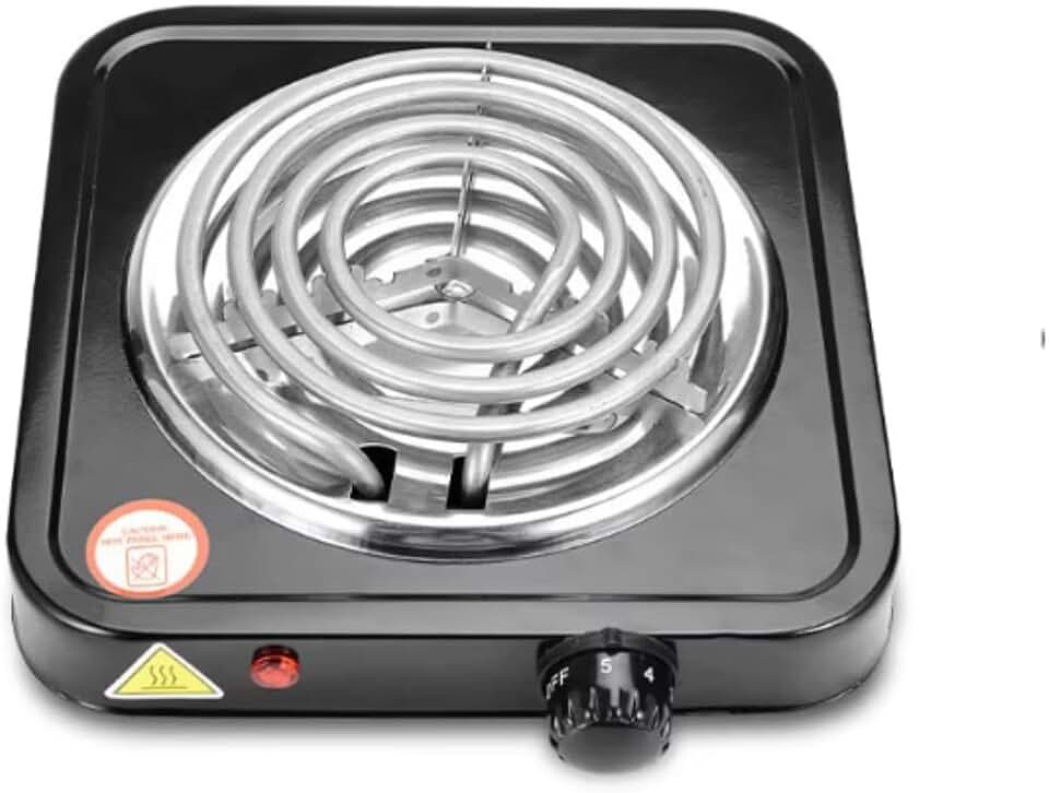 Fogão Elétrico Portátil de Mesa 1 Boca, Preto, Aço Inoxidável, Resistência Espiral, 2500W, Controle Ajustável, Base Antiderrapante