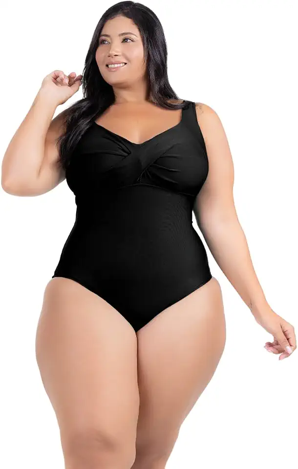 Maiô Feminino Body Plus Size Com Bojo Transpassado Efeito Chapa Barriga Modela Silhueta Alças Largas Alta Sustentação
