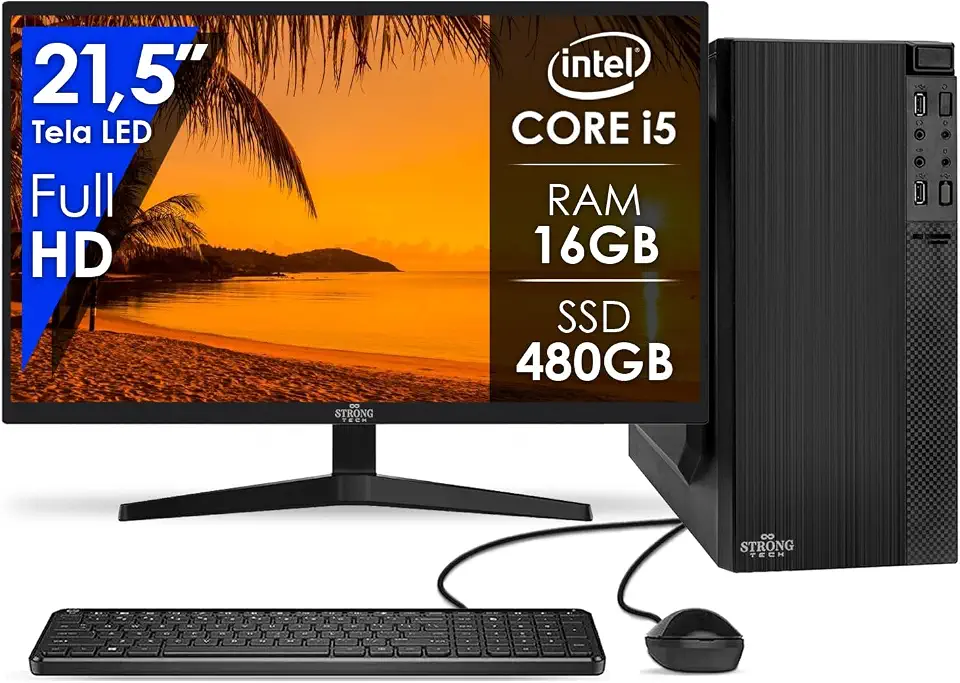 Computador Completo Intel Core i5 16GB SSD 480GB Monitor 21,5" 4 Núcleos Super Turbo Pc Hdmi Teclado e Mouse Strong Tech