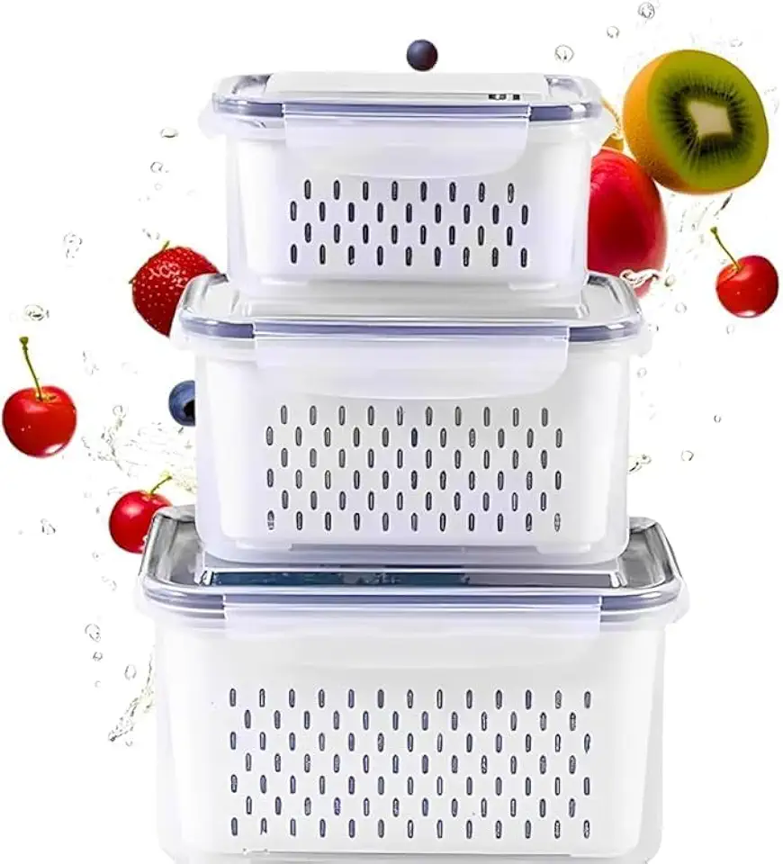 Kit 3 Potes Organizadores de Geladeira com Tampa Hermética e Cesto Escorredor – Porta Frutas, Legumes e Verduras Livre de BPA – Organizadores de Alimentos 850ml, 1750ml e 3300ml para Cozinha