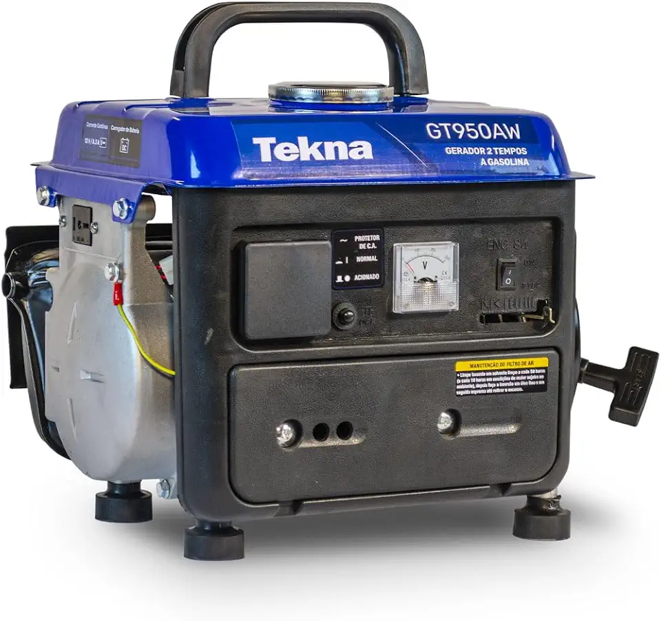 Tekna - Gerador a Gasolina GT950AW 127V – 750W | Motor 2 Tempos 63cc | Portátil, Econômico e Leve | Carregador de Bateria Incluso, Voltímetro e Alça de Transporte