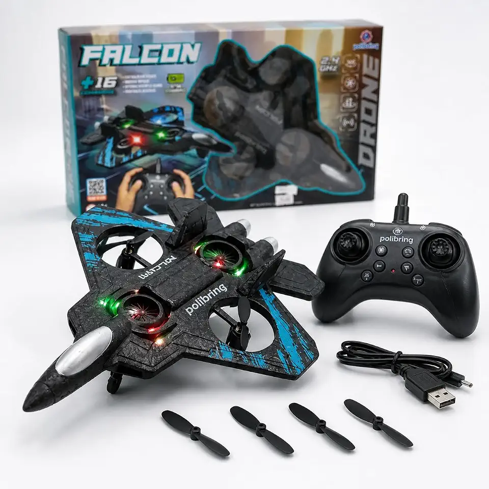 Drone Infantil Polibrinq Falcon CAR213 com Controle Remoto 2.4GHz, LED Colorido, Sensor de Obstáculos, Giro 360°, Bateria Recarregável USB, Giroscópio 6 Eixos, Brinquedo com INMETRO
