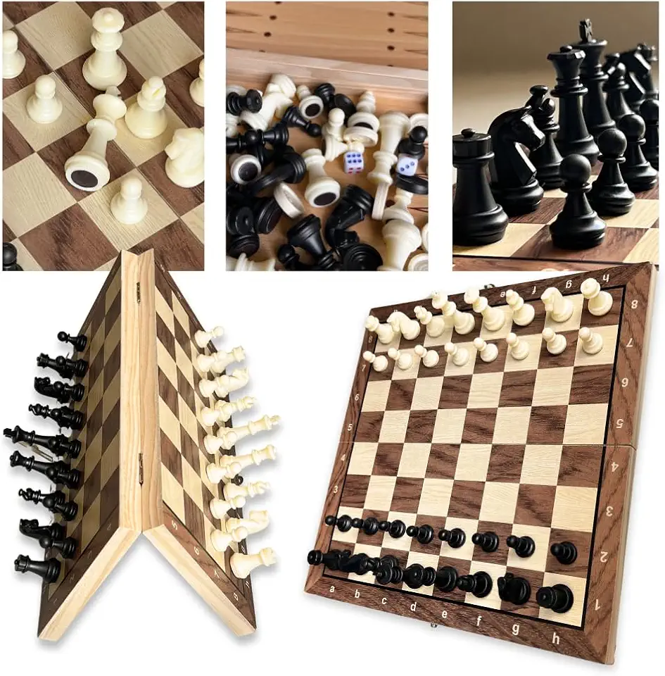 Jogo de Xadrez 3 em 1 com Dama e Gamão, Peças em Resina, 29x29cm, Estilo Estojo Clássico Profissional Luxo, Tabuleiro Portátil Organizado Premium