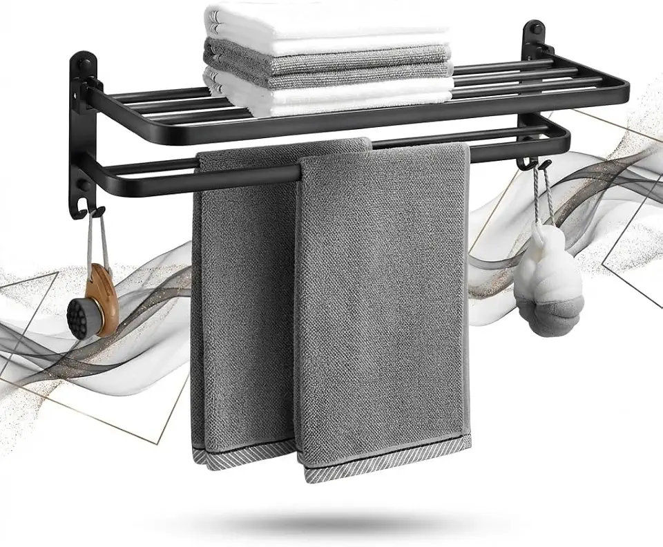 Toalheiro Duplo Porta Toalha para Banheiro com Prateleira de Alumíni | Suporte para Toalhas, Resistente à Corrosão, Moderno, Ideal para Banheiros e Lavabos - LumorixLar