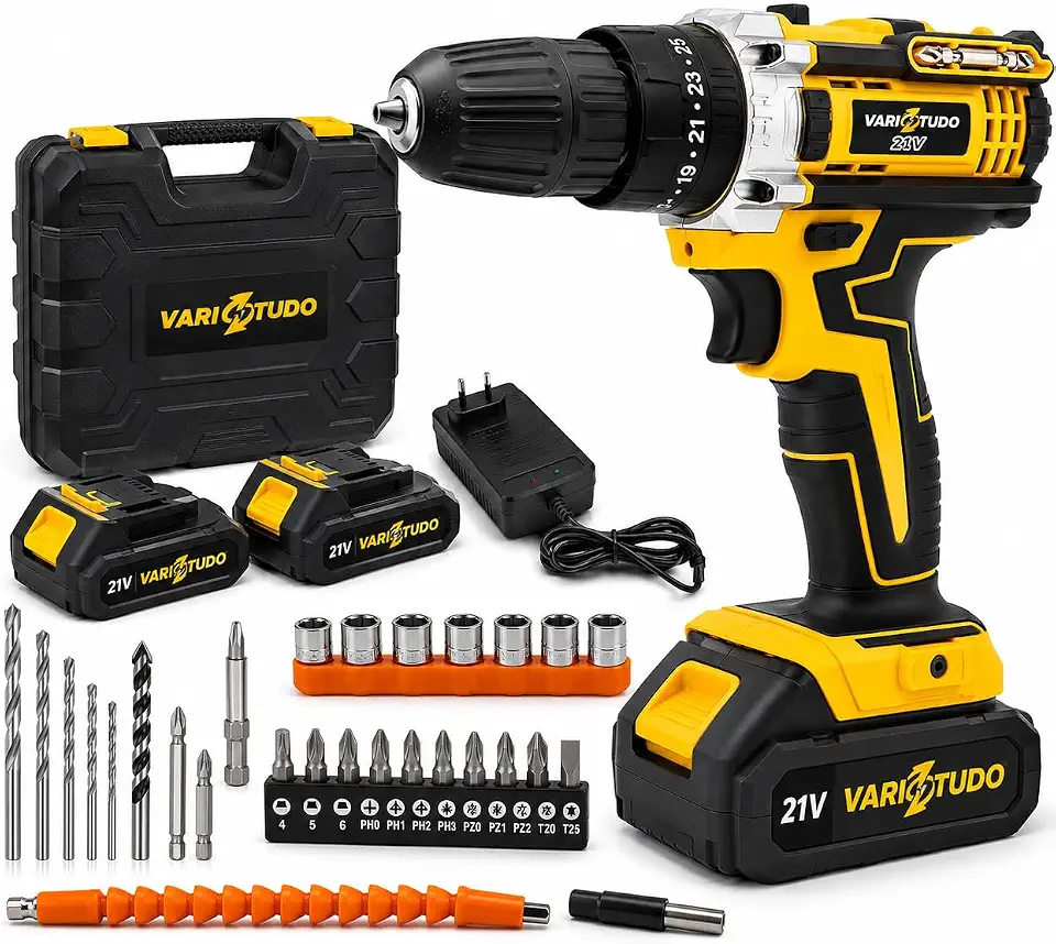Furadeira e Parafusadeira de Impacto Sem Fio 21V com LED, 2 Baterias Recarregáveis Bivolt e 32 Acessórios - Maleta Completa para Uso Profissional e Doméstico